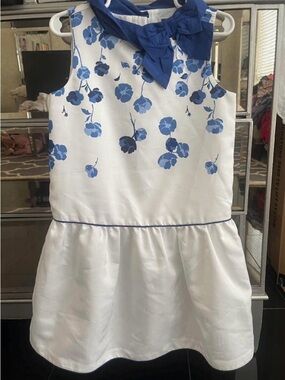 Janie and Jack White Dress with Blue Floral Print and Bow